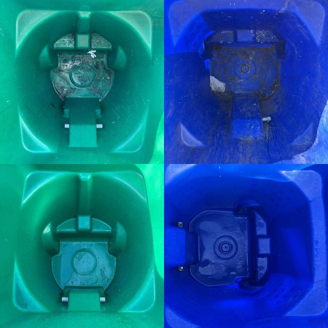 Before and after comparison of green recycling and blue trash bins. Top half shows dirty interior, bottom half shows clean interior.