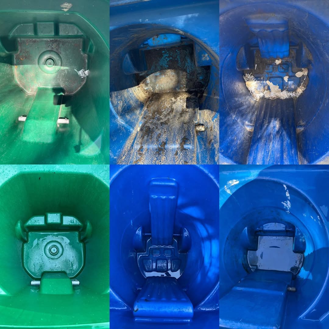 Before and after comparison of three different bins (one recycling, two trash). Top half shows grimy state, bottom half shows clean results.